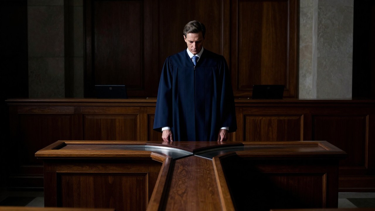 Figura legal contempla un dilema simbólico de encrucijada moral en un ambiente de sala de justicia.