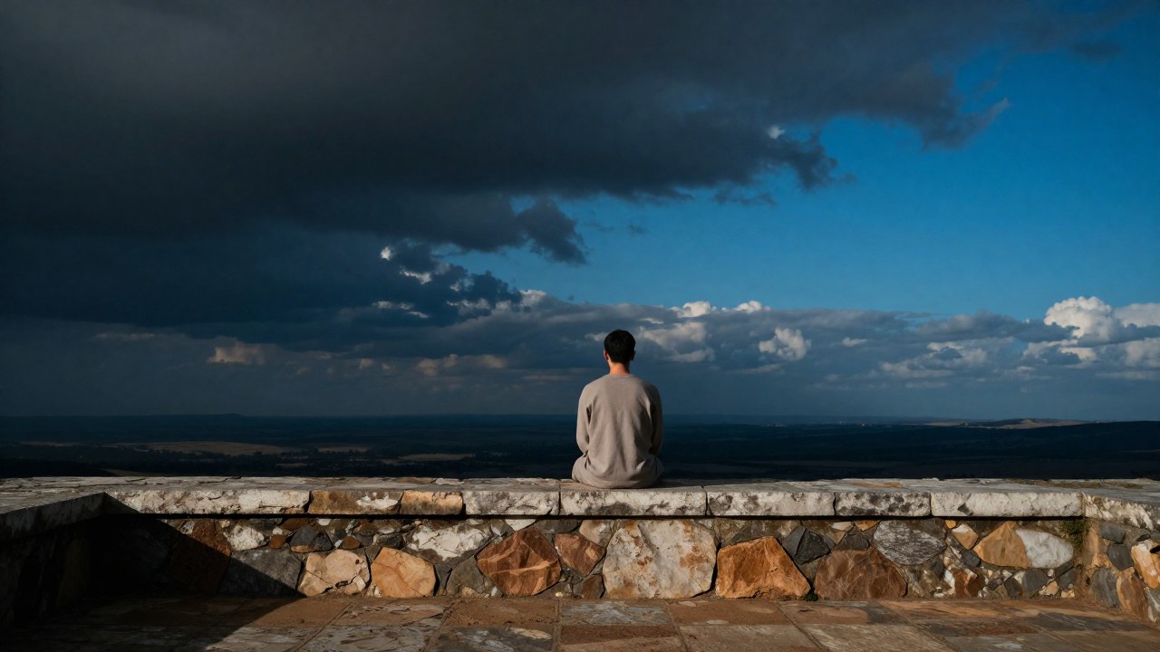 Una figura solitaria contempla un vasto paisaje desde un risco bajo un cielo de transición dramática.