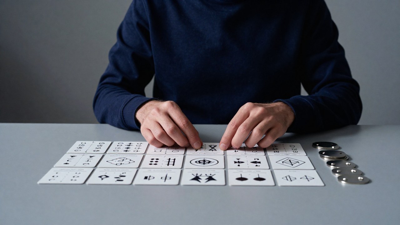 Una figura manipula meticulosamente tokens simbólicos en un espacio de trabajo estéril y controlado.
