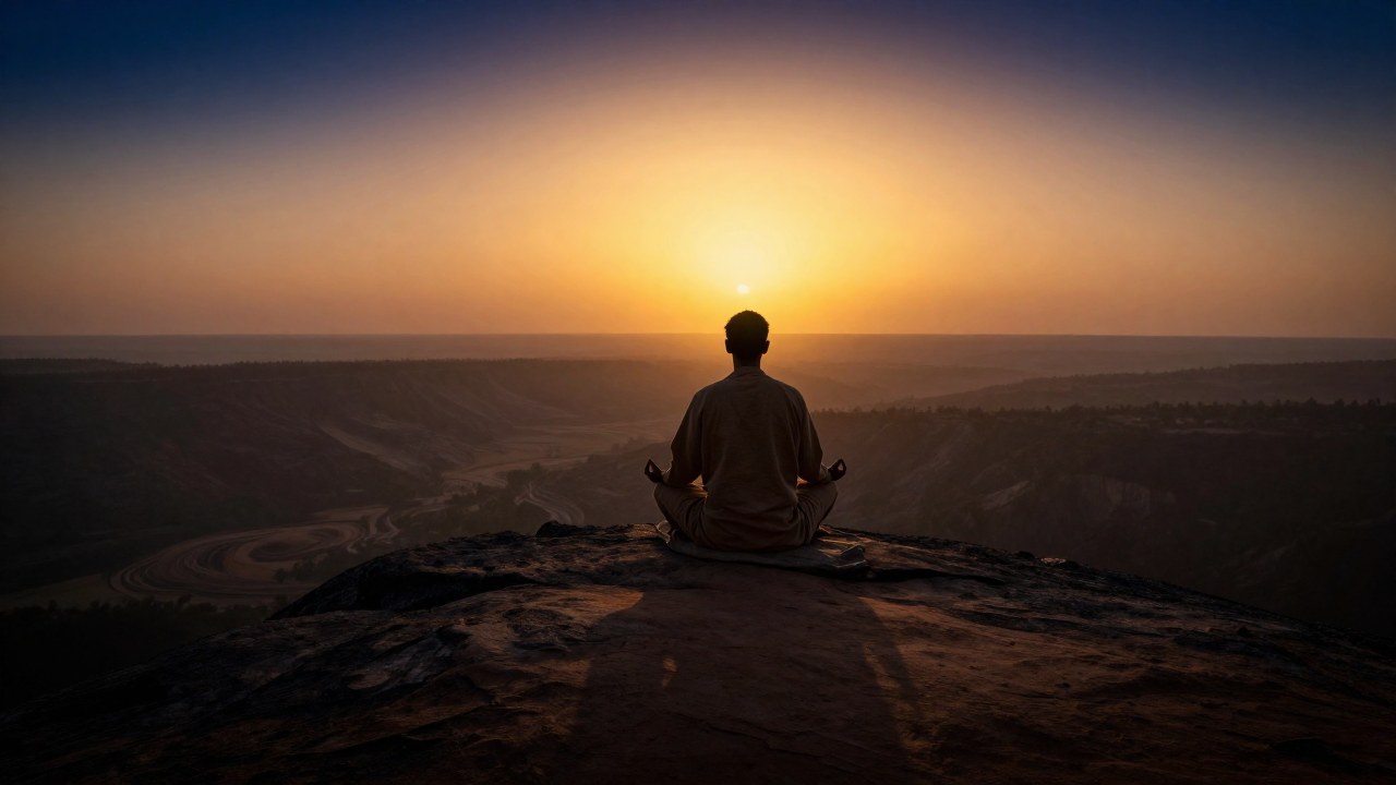 Figura solitaria en meditación sobre roca al amanecer, observando un vasto y complejo paisaje.