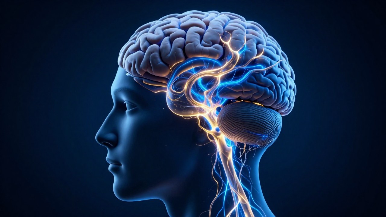 Cabeza humana en perfil mostrando una compleja red de energía azul y dorada integrada a la estructura neural.
