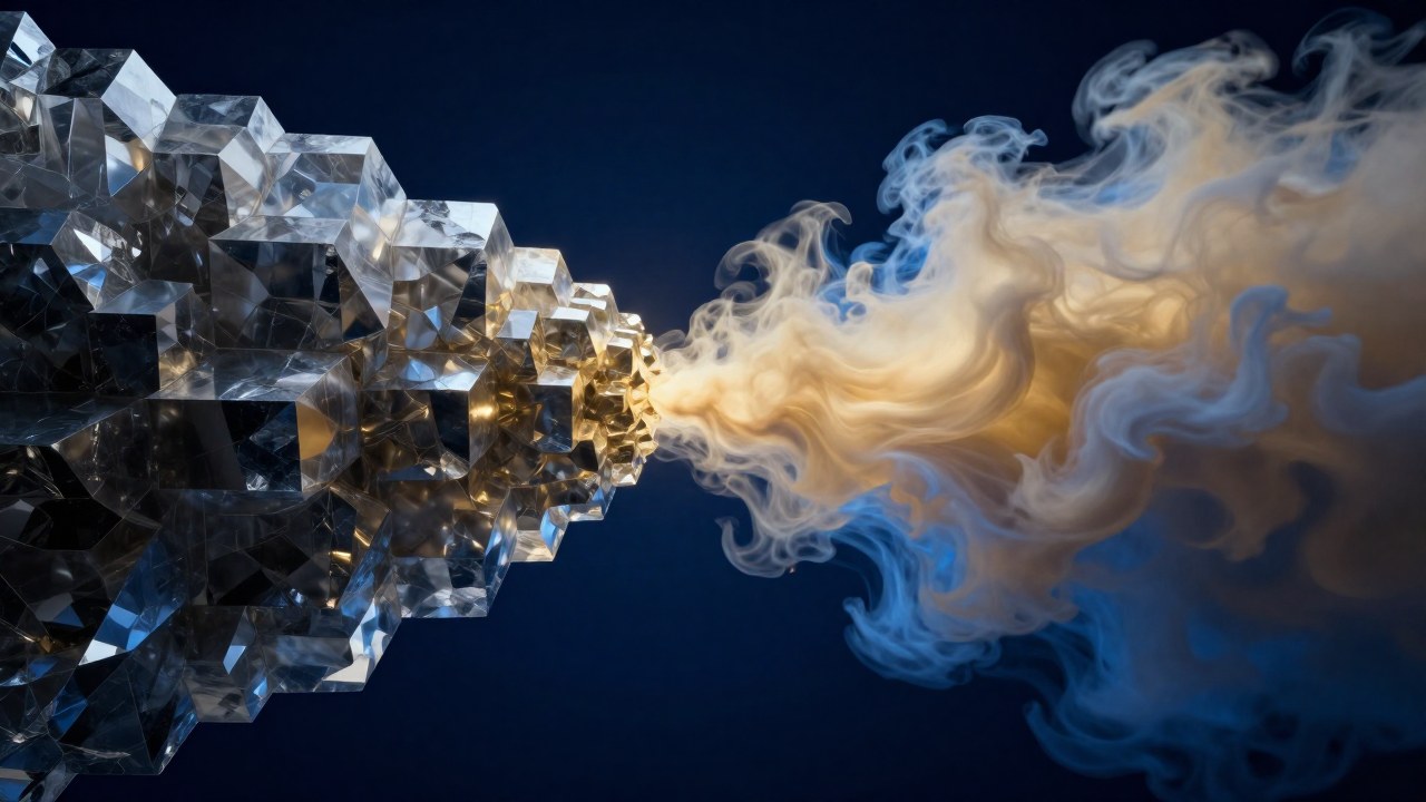 La síntesis de dualidades se representa con la fusión de una estructura cristalina y un vapor etéreo.