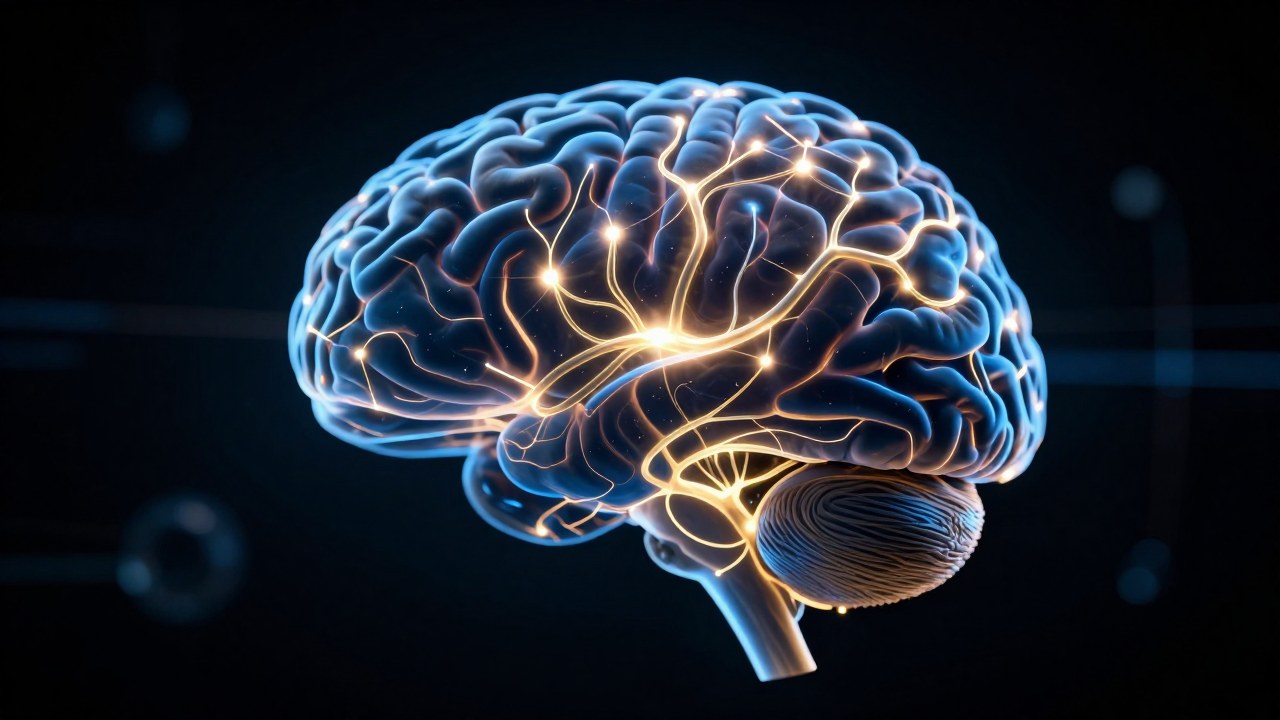 Visualización del cerebro humano mostrando la formación de vías neuronales y la construcción del conocimiento.