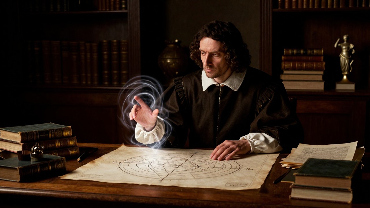 Erudito renacentista concentrado en un diagrama físico e interactuando con una luz luminosa e intangible.