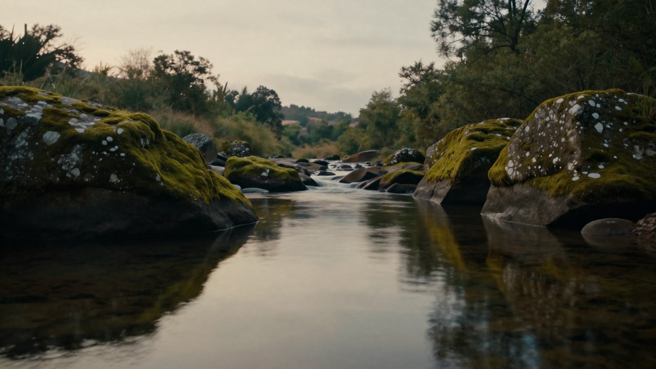 Un río claro serpentea por un valle minimalista flanqueado por antiguas rocas cubiertas de musgo.