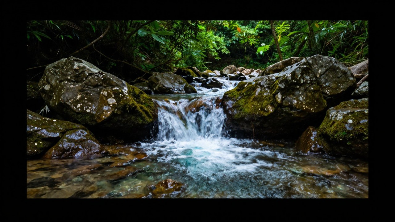 Arroyo cristalino fluye suavemente sobre piedras cubiertas de musgo en un denso bosque.