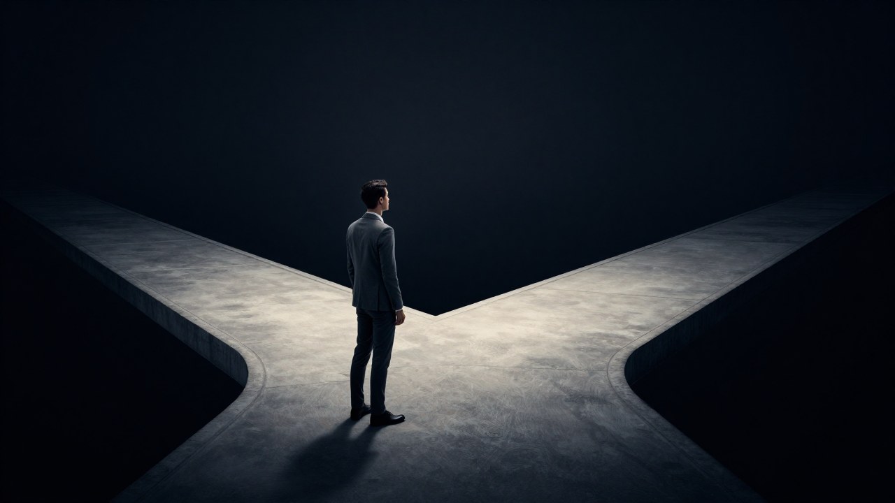 Individuo contemplativo parado en la bifurcación de un camino que simboliza un profundo dilema ético.