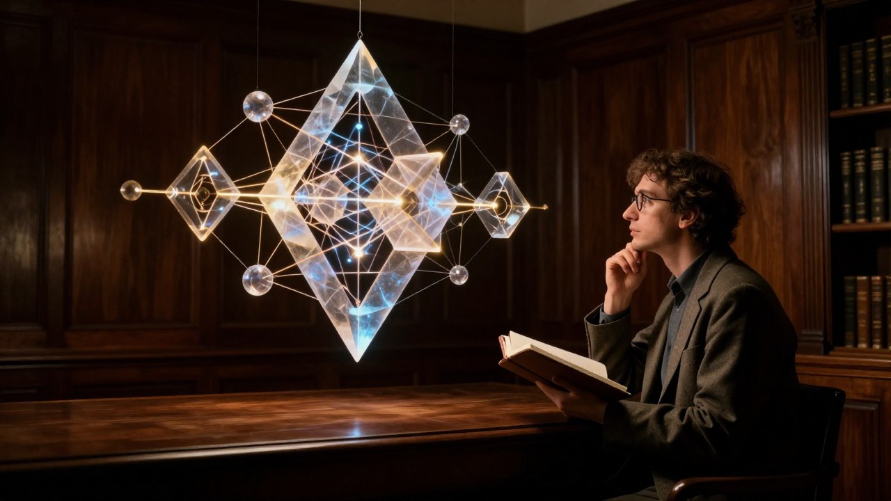 Un erudito contempla una compleja estructura geométrica que representa modelos lógicos filosóficos abstractos.