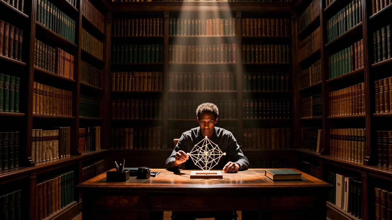 Académico en una biblioteca antigua observa un modelo geométrico abstracto sobre su escritorio de estudio.
