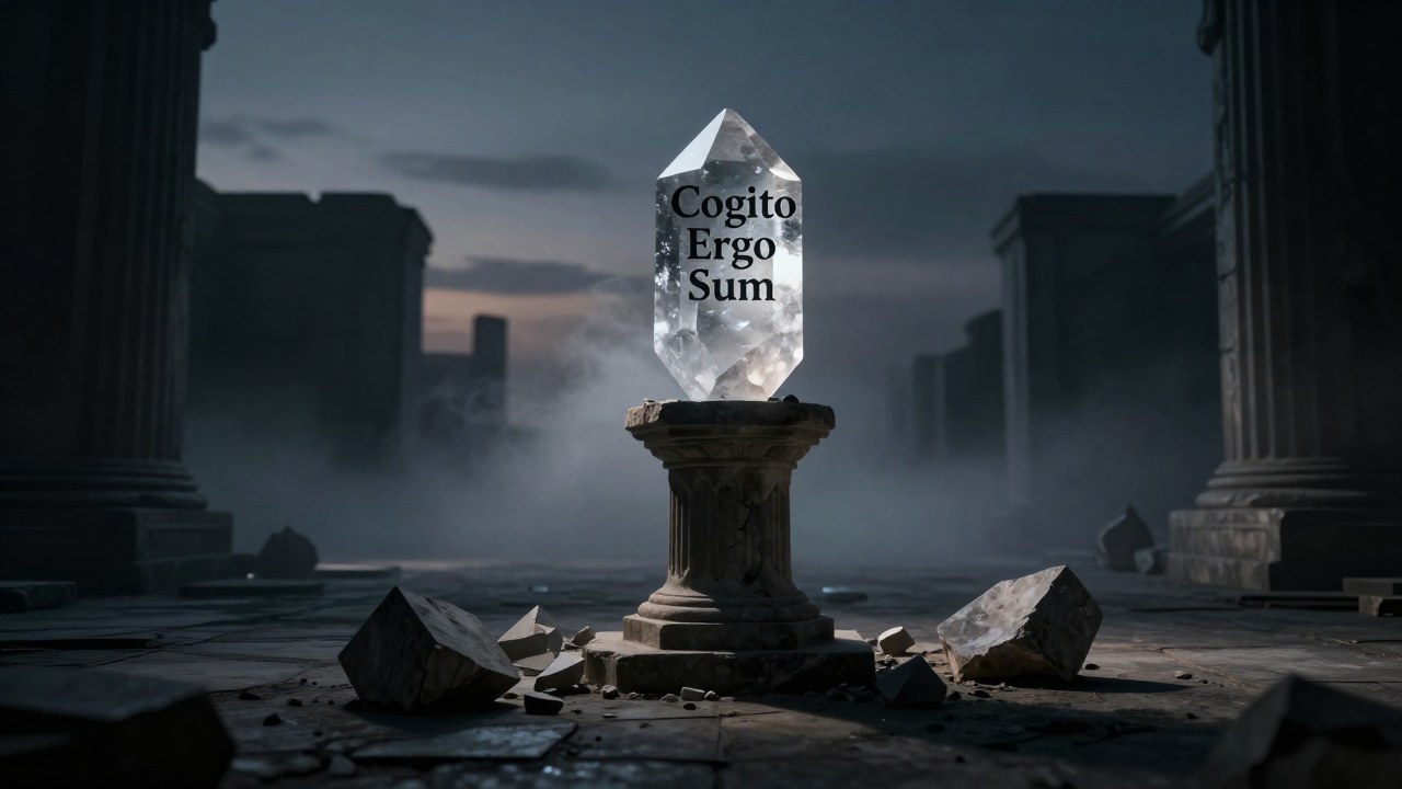 Un pedestal sostiene una estructura cristalina en medio de niebla y escombros de piedra rota.