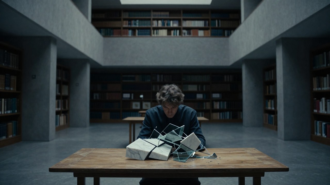 Figura pensativa contempla una estructura frágil sobre una mesa en una biblioteca vacía.