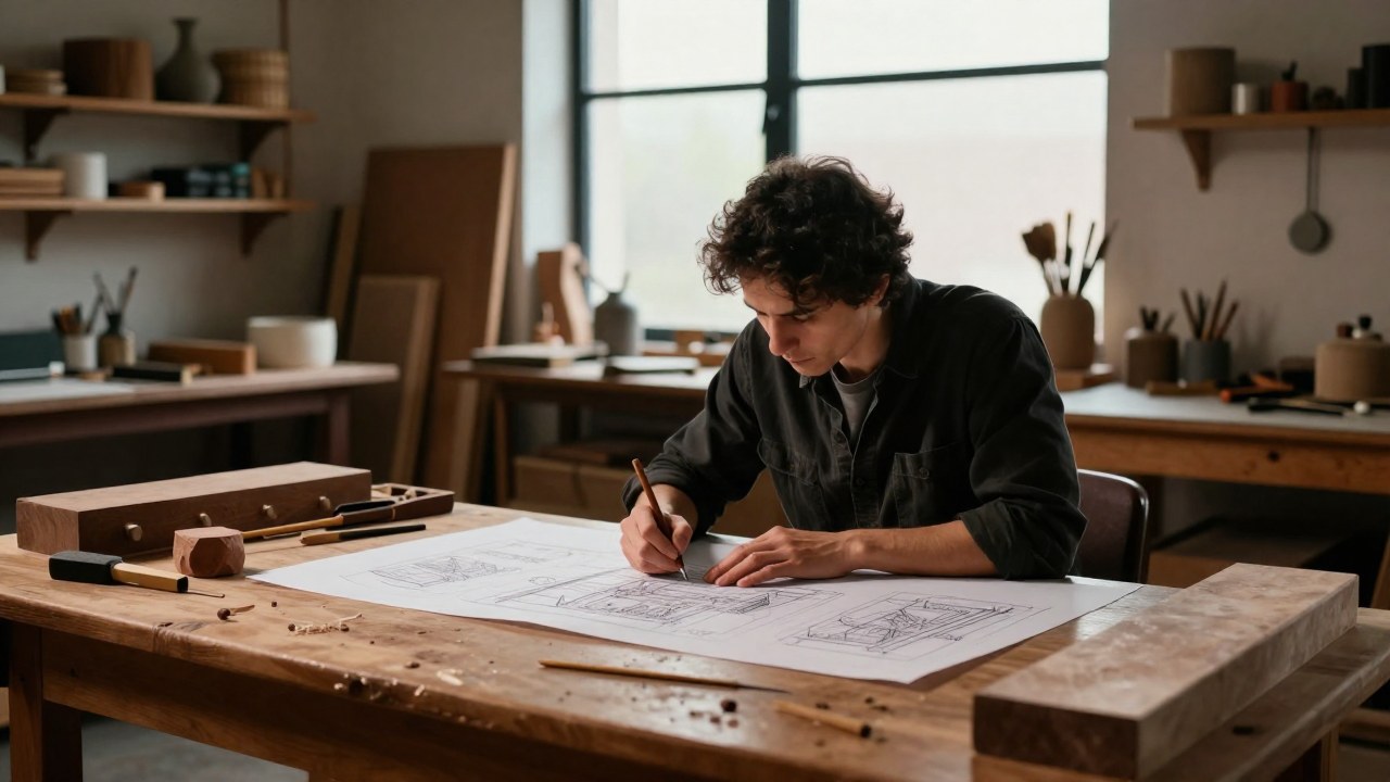 Una persona trabajando meticulosamente en un proyecto de diseño o artesanía en un taller.