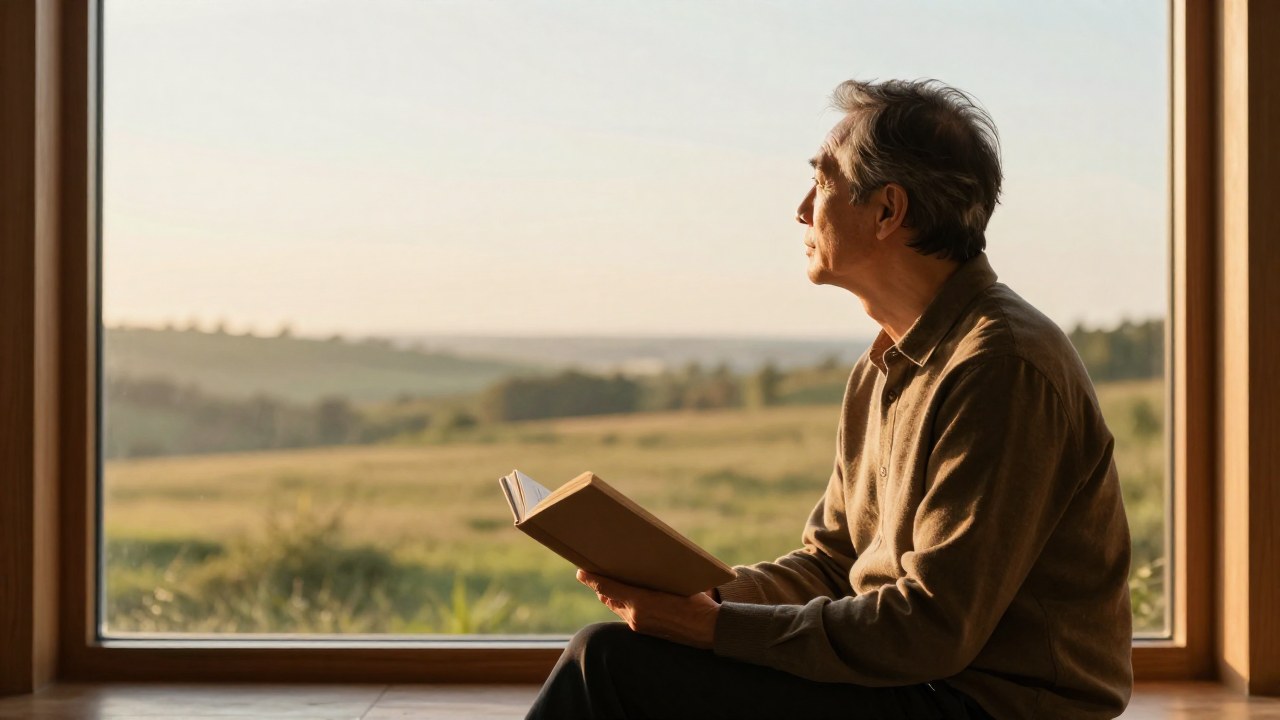 Individuo maduro sentado junto a una ventana, mirando el paisaje mientras sostiene un libro.