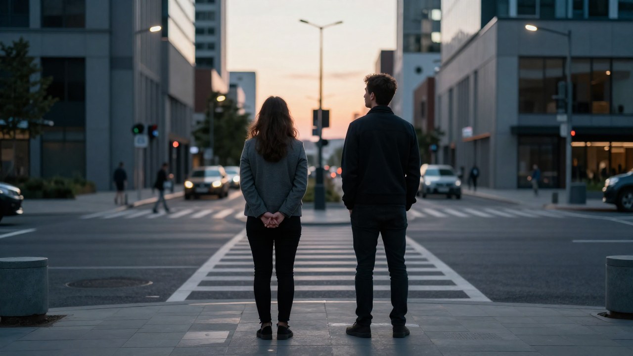 Dos figuras contemplativas se encuentran en una intersección urbana, reflejando la indecisión de la existencia moderna.