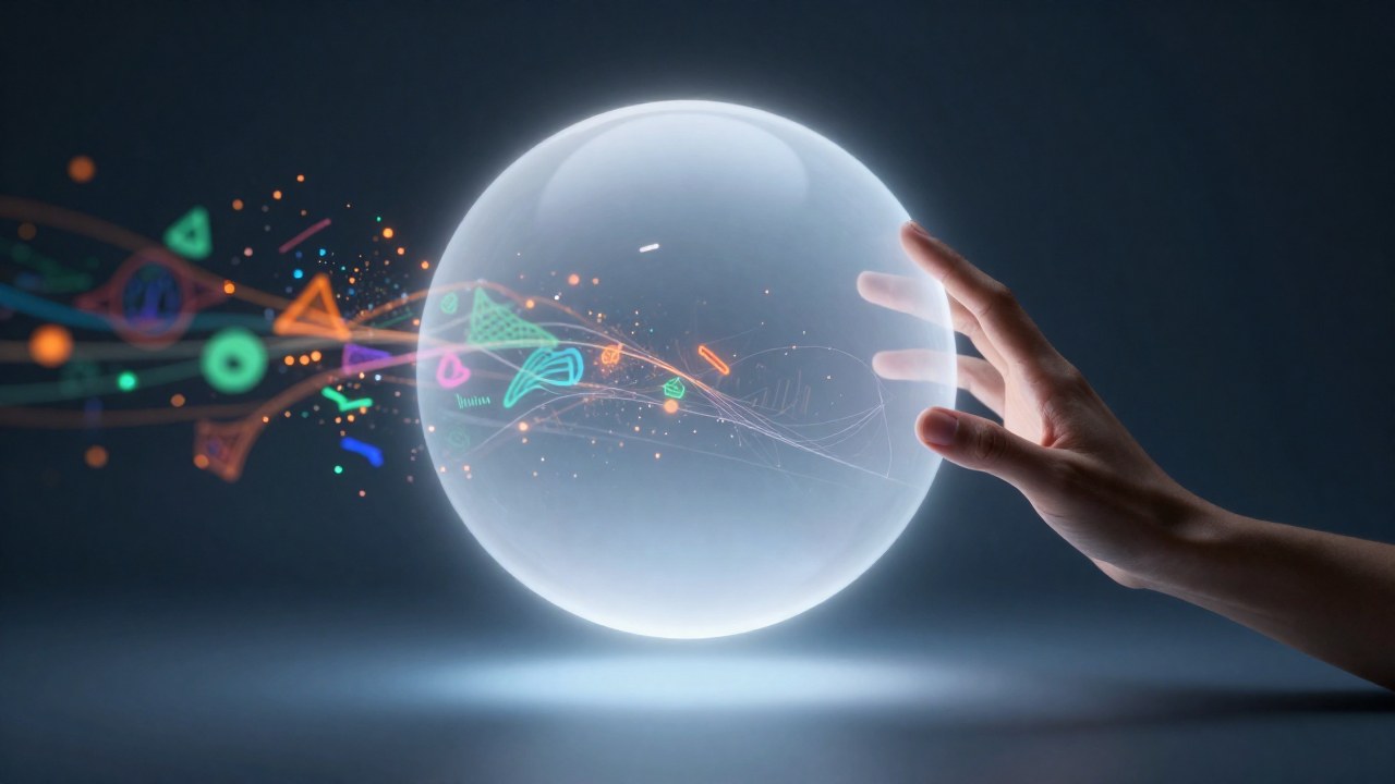 Una figura humana acerca datos y experiencias abstractas a una esfera que simboliza la formación del conocimiento.