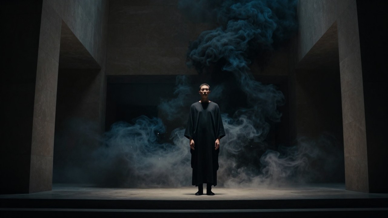 Figura solitaria y serena en un entorno arquitectónico minimalista, contrastando con el caos de humo.